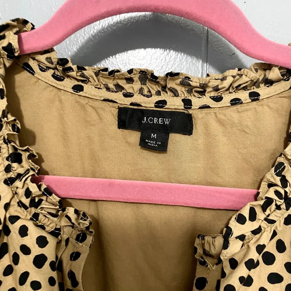 J. Crew Tan Leopard Dot Ruffle Neck Tiered Popover Relaxed Fit Preppy Dress M